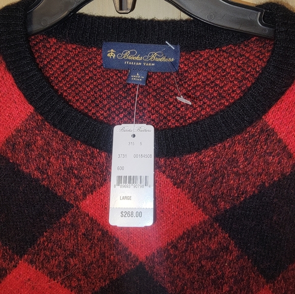 NWT Mens sz L Brooks Brothers Buffalo Plaid Black Red Plaid Alpaca Wool Sweater - Picture 4 of 6